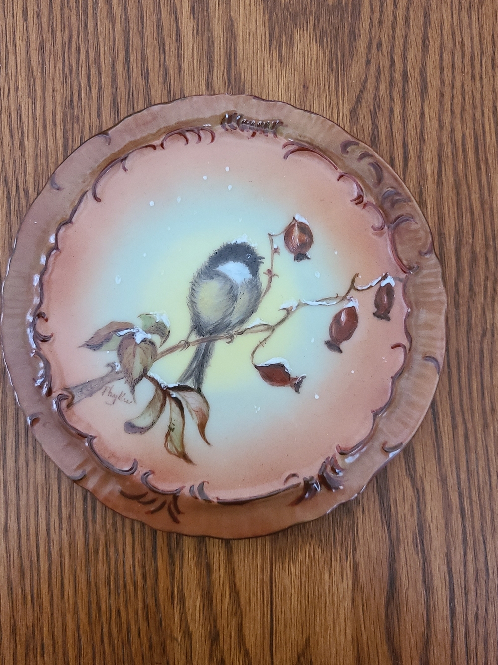 Vintage Enesco Japan hand-painted wall plate signed by S. Tahagi.